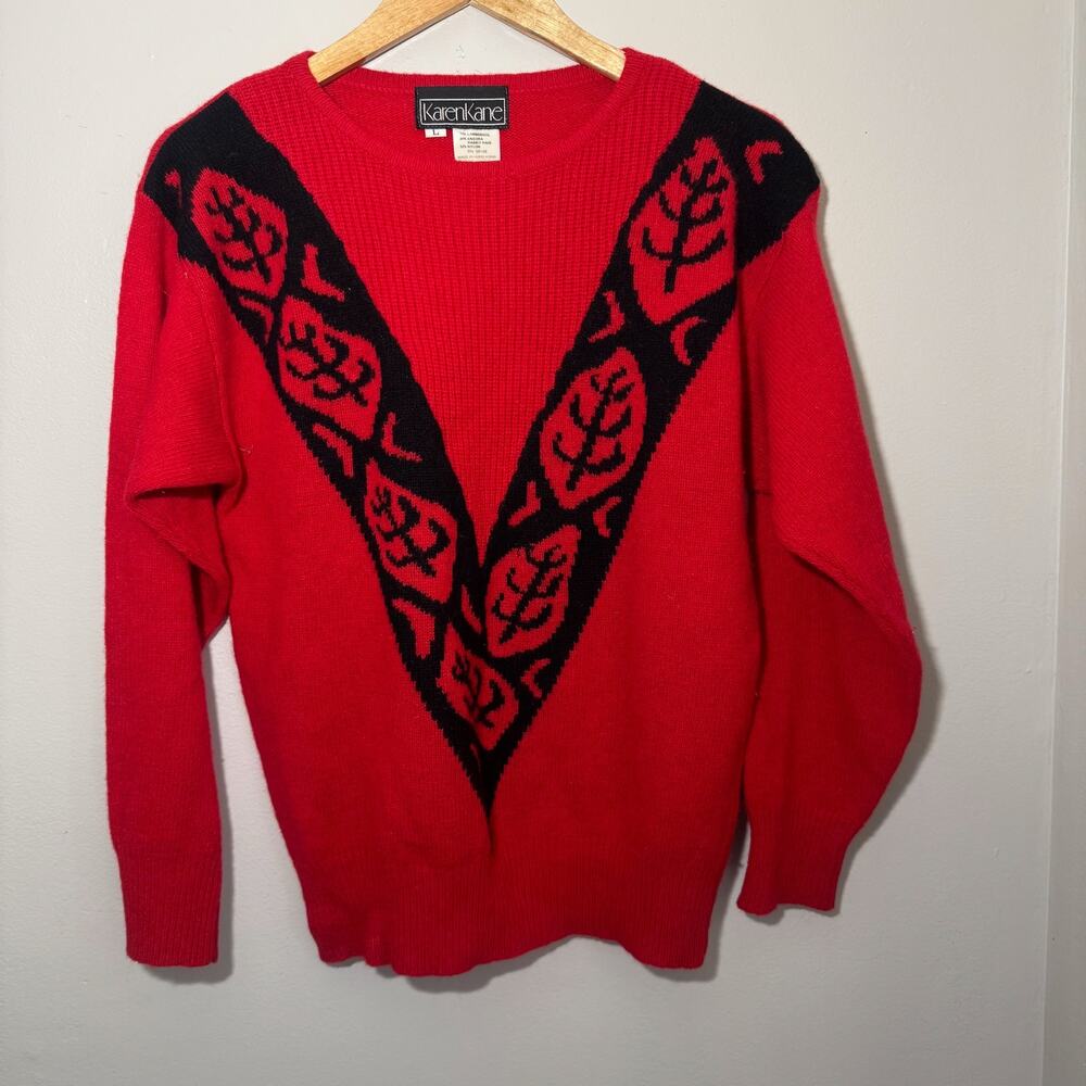 VTG Karen Kane Red Lambswool Angora Blend Pullover Sweater Large V Graphic 80s